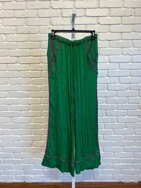Free People Satin Green Wide-Leg Pants with Pink Trim